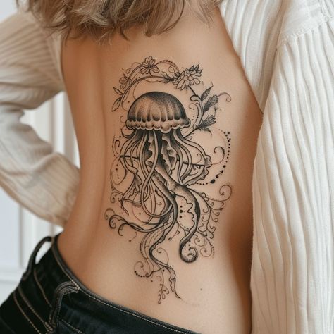 Jellyfish tattoos have surged in popularity, captivating enthusiasts with their ethereal beauty and deep symbolism. Jellyfish Shoulder Tattoo, Jellyfish Tattoos For Women, Floral Jellyfish Tattoo, Water Themed Tattoos, Ocean Tattoos Sleeve For Women, Ocean Animal Tattoos, Rib Tattoo Placements, Koi Tattoo Sleeve, Side Tattoos Women