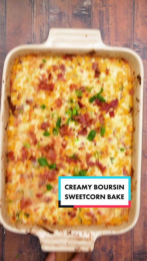 ✨ Creamy Boursin Sweetcorn Bake! 🌽 🧀 Add 2 wheels of Boursin, 3 drai... | boursin pasta recipe | TikTok Sweetcorn Bake, Boursin Pasta Recipe, Baked Boursin, Boursin Pasta, Boursin Cheese Recipes, Boursin Recipes, Boursin Cheese, Baked Corn, Spicy Honey