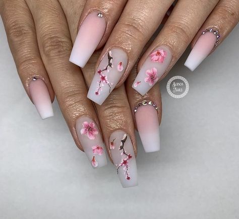 Desert Nails, Cherry Blossom Nails Design, Nail Art Fleur, Spring Nail Art Designs, Cherry Blossom Nails Art, Disney Acrylic Nails, Cherry Blossom Nails, Punk Nails, Spring Nail Designs