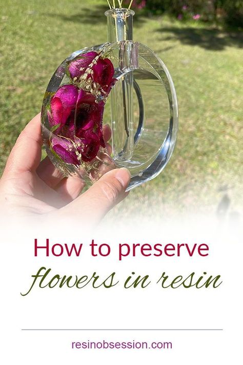 Keep your beautiful flowers for eternity by preserving them in resin. Click pin to learn how. . . . . . #resin #resinandflowers #resinobsession Epoxy Resin Flower Jewelry, Dry Flowers In Resin Diy, How To Dry Flowers For Resin Art, Resin Real Flowers Diy, Dried Flowers In Resin Ideas, Preserving Roses In Resin, Dried Flowers And Resin Ideas, Resin Flower Mold, Epoxy Resin Flowers Diy