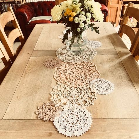 Vintage Doily Table Runner – Amanda Jones Crochet Doily Table Runner, Doily Art, Table Runner Tutorial, Doilies Crafts, Table Runner Diy, Crochet Tablecloth Pattern, Vintage Table Runner, Vintage Doily, Crochet Table Runner Pattern