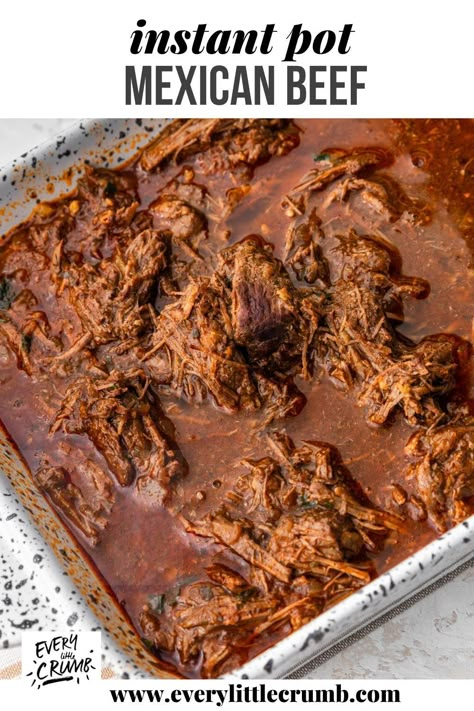 This is the tastiest instant pot shredded beef, with Mexican flavored spices like chipotle. Beef barbacoa at it's finest, and it comes together so easily with an instant pot! Stove top and slow cooker method included too. #beefbarbacoa #instantpotbeef #instantpotmexicanbeef #shreddedbeef Mexican Roast Instant Pot, Mexican Shredded Beef Dutch Oven, Shredded Beef Recipes Instant Pot, Mexican Shredded Beef Instant Pot, Carne Picada Recipes Instant Pot, Birria Instant Pot Recipes, Shredded Beef Tacos Instant Pot, Birria Instant Pot, Instant Pot Mexican Beef