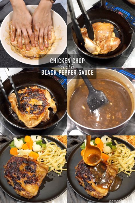 Chicken Chop with Black Pepper Sauce - Nomadette Chicken In Black Pepper Sauce, Black Pepper Sauce Recipe, Chicken Chop Recipe, Mashed Potatoes From Scratch, Black Pepper Sauce, Chicken Chop, Pepper Sauce Recipe, Black Pepper Chicken, Cheese Rice