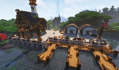 Minecraft Loading Dock, Fishing Market Minecraft, Minecraft Dock Crane, Minecraft Building Ideas Dock, Minecraft Shipping Dock, Minecraft Medieval City Ideas, Minecraft Harbour Ideas, Minecraft Docks Medieval, Minecraft Docks Ideas