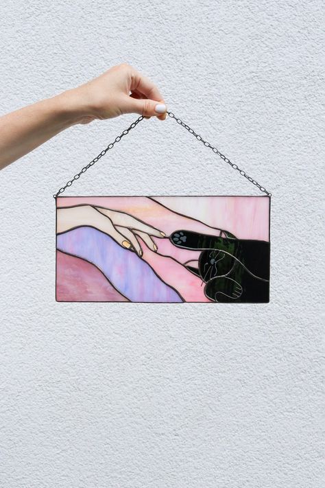 Suncatcher Cat Reaching for a Human Hand With Its Paw Stained Glass Window Panel Hanging Home Decor Glass Wall Art Gift for Cat Lovers - Etsy Cat Reaching, Cat Stain, Stained Glass Window Panel, Hanging Home Decor, Stained Glass Projects, Human Hand, Stained Glass Window, Stained Glass Patterns, Stained Glass Art