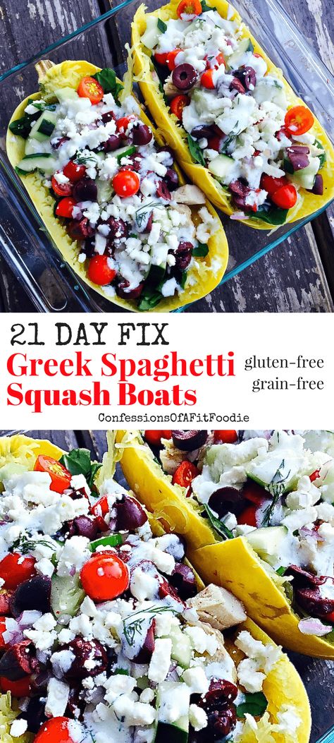 21 Day Fix Greek Spaghetti Squash Boats {Gluten-free} - Confessions of a Fit Foodie Greek Spaghetti Squash, Spaghetti Squash Recipes Chicken, Greek Spaghetti, Spaghetti Squash Boats, Spaghetti Squash Boat, Squash Boats, 21 Day Fix Breakfast, 21 Day Fix Diet, 21 Day Fix Meal Plan