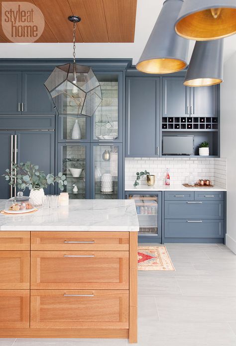 The island is the room’s showpiece, so the homeowner went all out with a marble slab countertop. The smoky blue veining in the marble complements the slate cabinetry. Kitchen With Blue Cabinets, Grey Blue Kitchen, Blue Kitchen Cabinets, Blue Cabinets, Kitchen Inspiration Design, Plywood Furniture, Blue Kitchens, Trendy Kitchen, Counter Tops