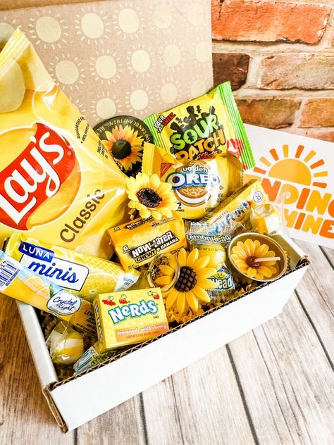 Little Box of Sunshine Sunflower Snack Box Sending Sunshine | Etsy Yellow Gifts Basket, Sunshine Basket, Sunshine Care Package, Sunshine Box, Sending Sunshine, Box Printable, Nerds Candy, Box Of Sunshine, Secret Sister