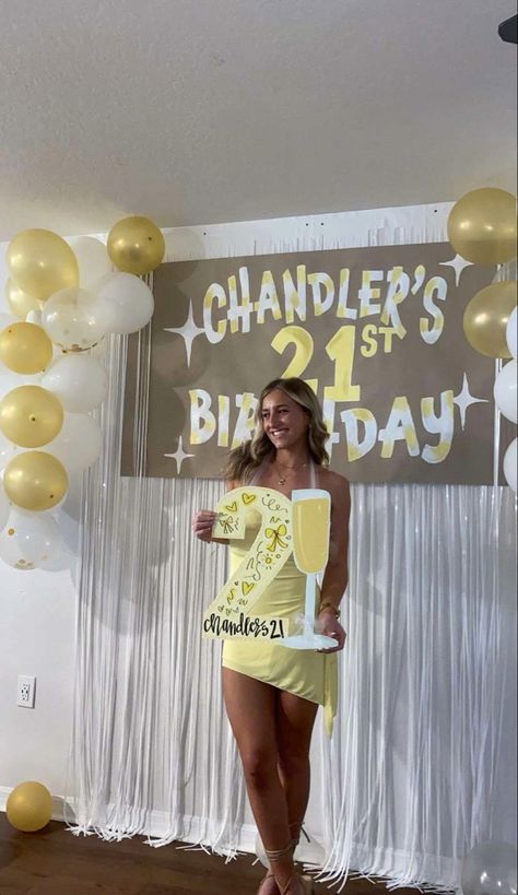 21, sign night, birthday, yellow, birthday ideas 21st Bday Party Aesthetic, 21 Sign Night Ideas, 21st Bday Necklace Signs, 21st Birthday Ideas College, 21 Birthday Ideas Party, 21 Birthday House Party Ideas, 21st Sign Night Themes, 21 At Birthday Ideas, 21st Bday Backdrop