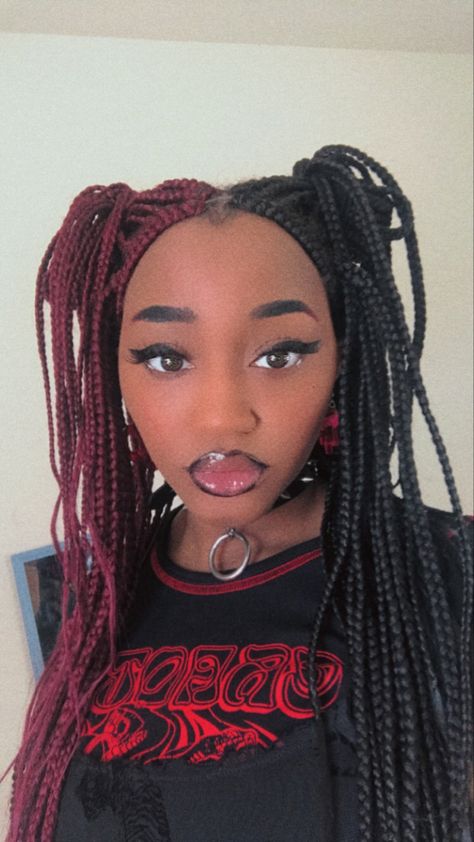 Half And Half Hair Color Box Braids Red And Black, Box Braids Split Color, Gothic Box Braids, Split Color Box Braids, Gothic Braids, Cultural Hairstyles, Black Hair 90s, Braids Inspiration, Gothic Era