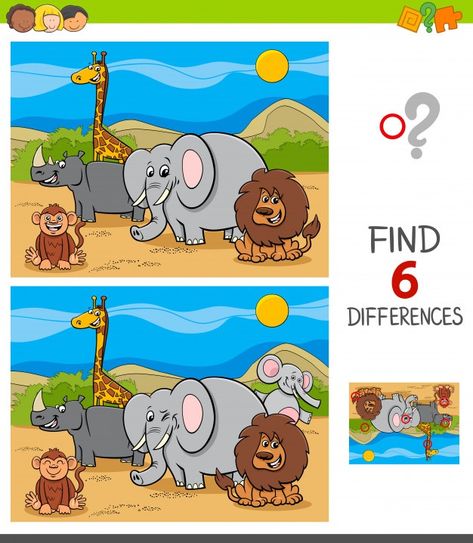 Differences game with safari animal char... | Premium Vector #Freepik #vector #kids #children #education #character Spot The Difference Kids, Find The Difference Pictures, Find The Differences Games, Educational Games For Preschoolers, Printable Games For Kids, Business Cartoons, Cartoon People, Educational Games For Kids, Hidden Pictures