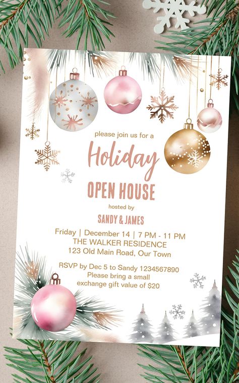 Holiday open house Christmas dinner party editable template invitation digital download watercolor Salon Holiday Open House Ideas, Open House Party, Gold Baubles, Open House Parties, Holiday Open House, Metallic Watercolor, Watercolor Invitation, Template Invitation, Christmas Dinner Party