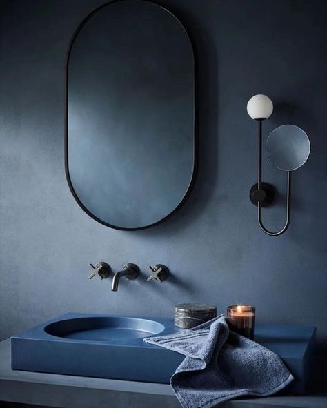 Kast Concrete Basins on Instagram: "We are simply mesmerised by this remarkable space and its breathtaking deep blue hues combined with our Cero basin in Storm. ⁠ ⁠ The dramatic tale of this bathroom merges precise squares and circles to create a hard-to-forget fantasy. Comment if you agree😍⁠ ⁠ Image @coalbrook_official ⁠ Styling @alibrownstylist Photography @chriseverard Featuring our Cero basin .⁠ .⁠ Bathroom Ideas | Interior Design | Home Styling | Bathroom basins . #kastconcretebasins #con Styling Bathroom, Blue Bathrooms, Dark Blue Bathrooms, Industrial Bathroom Design, Blue Bathrooms Designs, Concrete Vanity, Navy Bathroom, Bathroom Basins, Dark Bathrooms