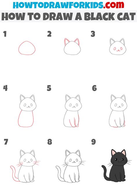 Black Cat Drawing Simple, How To Draw Cat, Cats Drawing Reference, Drawing Reference Cat, Cat Hand Drawing, Procreate Practice, Drawing Planner, Sketchbook Diary, Black Cat Drawing