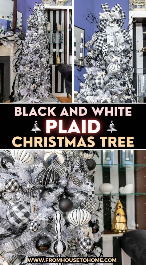 Monochromatic Christmas tree with plaid pattern. Monochromatic Christmas Tree, White Plaid Christmas Tree, Black And White Plaid Christmas, Monochromatic Christmas, Black White Christmas Tree, White Flocked Christmas Tree, House To Home, Black And White Christmas, Black White Christmas