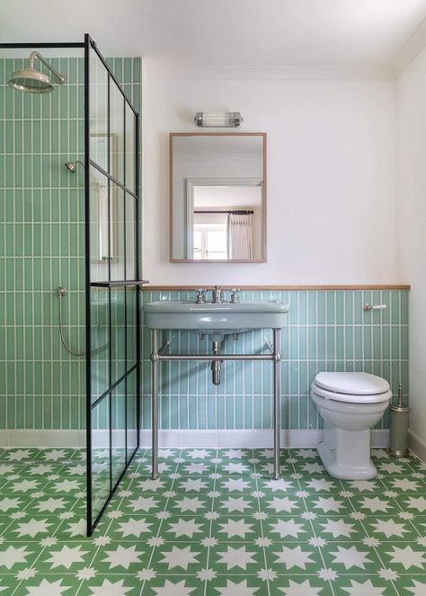 Green Wet Room Bathroom, Star Tiles Bathroom, Mint Green Tile Bathroom, Green White Bathroom, Communal Bathroom, Bert And May Tiles, Seaside Bathroom, Green Tile Bathroom, Reclaimed Tile