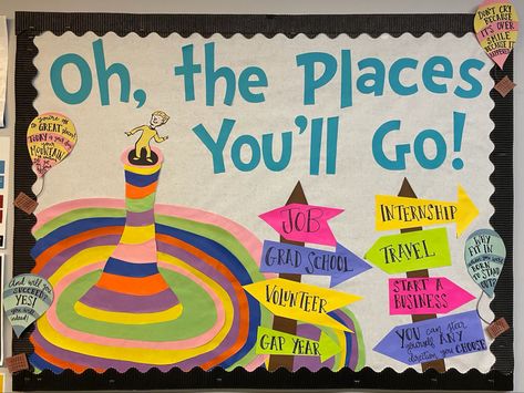 Dr Seuss Bulletin Board Ideas, Dr Seuss Bulletin Board, Travel Classroom, Counseling Bulletin Boards, Elementary Bulletin Boards, College Bulletin Boards, Ra Bulletins, Teacher Bulletin Boards, Ra Bulletin Boards