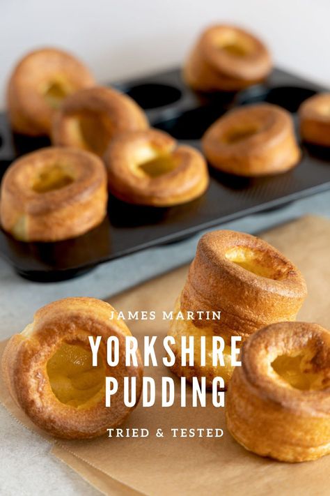 We tested James Martin Yorkshire puddings to find out if it's the perfect reliable recipe for this popular English side dish, and our experiment was full of surprises. James Martin Yorkshire Pudding, Yorkshire Pudding Jamie Oliver, Sims Food, James Martin Recipes, Yorkshire Pudding Recipes, Kitchen Colours, Yorkshire Puddings, British Recipes, Bbc Food