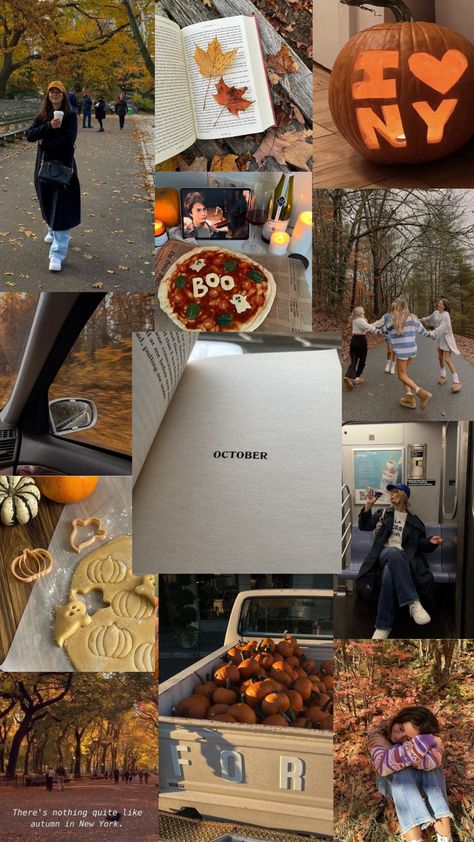 fall aesthetic, fall, fall moodboard, aethetic, spooky season, spooky aesthetic, october, fall season, nyc fall, nyc fall aesthetic, halloween aesthetic, halloween, moodboard, cookies, pumpkins, pumpkin patch, subway, leaves, new york city, nyc, harry potter, friends, cold weather, cozy, cozy season, pizza, books, reading, aesthetic, mood October Mood Board Wallpaper, Fall Trip Aesthetic, Connecticut Fall Aesthetic, American Fall Aesthetic, New York City In October, Fall In Nyc Aesthetic, Nyc Autumn Aesthetic, Fall Aesthetic Bucket List, Fall Wellness Aesthetic