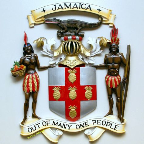 The Coat of Arms bearing Jamaica's Motto: Out of many, one people. #Travel #Jamaica #CoatOfArms #Motto Out Of Many One People, Jamaica History, Jamaican People, Jamaican Art, Jamaican Culture, Negril, Bella Vista, We Are The World, Montego Bay