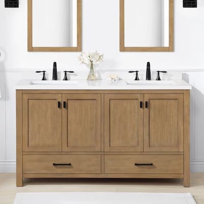 Wood Double Vanity, Removable Backsplash, Engineered Stone Countertops, Rectangular Bathroom Mirror, Almond Toffee, Double Sink Bathroom, Double Sink Vanity, Allen Roth, Double Sink Bathroom Vanity