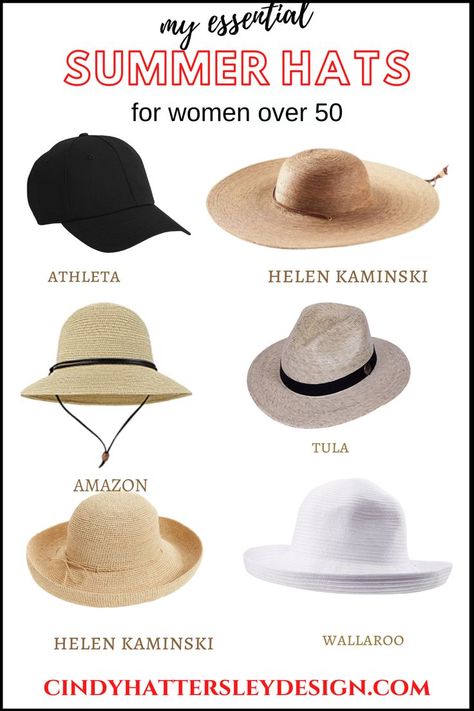 Cindy Hattersley's essential summer hats for travel, gardening, and at home style from Helen Kaminski, Wallaroo, Athleta, Amazon and Tula Helen Kaminski Hats, Cindy Hattersley, Helen Kaminski, Summer Hats For Women, 50 And Fabulous, Ageless Style, Weekly Outfits, Sun Hats For Women, Over 50 Womens Fashion