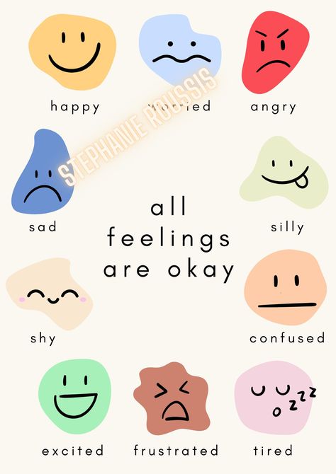 'all feelings are okay' poster, perfect for a psychologist or school counsellor's office, or a child's bedroom. This digital item may be printed and framed. YOU WILL RECEIVE: -A digital download of the 'all feelings are okay poster' with the 'stephanie roussis' watermark removed. -Please note this is not a physical item. HOW TO USE: -Simply purchase and then instant download will be available. -You can then print to use. REFUND POLICY: -Please note that this item is non-refundable due to it bein School Counseling Posters, All Feelings Are Okay, Emotions Chart, Psychology Posters, School Counsellor, Psychologist Office, Mental Health Poster, Emotion Chart, Child Psychologist