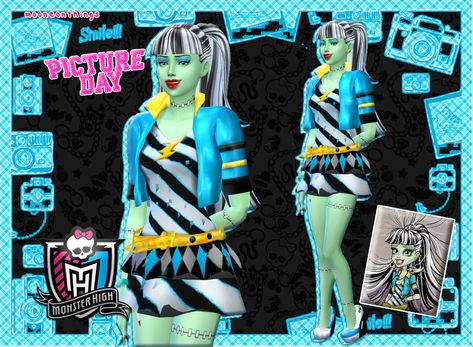 Sims 4 Cc Frankie Stein, Lagoona Blue Sims 4 Cc, Frankie Stein Sims 4 Cc, Sims 4 Monster High Cc, Sims Halloween Costume, Sims Halloween, Sims Custom Content, Picture Day Outfits, Monster High Pictures