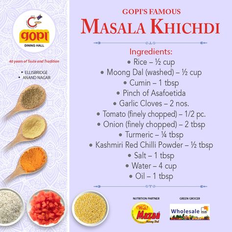 Searching for a meal which is healthy, delicious and easy to prepare? Well search no more, we bring you the easiest and flavourful recipe of Masala Khichdi.  A dish under Indian Cuisine which is cherished by all, the one and only Masala Khichdi  #GopiDiningHall #GopiRecipe #GopisFamous #MasalaKhichdi Khichdi Recipe Indian, Masala Khichdi, Khichdi Recipe, Recipe Paper, Cooking Book, Veg Food, Rice Varieties, Cooking Recipes Healthy, Powder Recipe