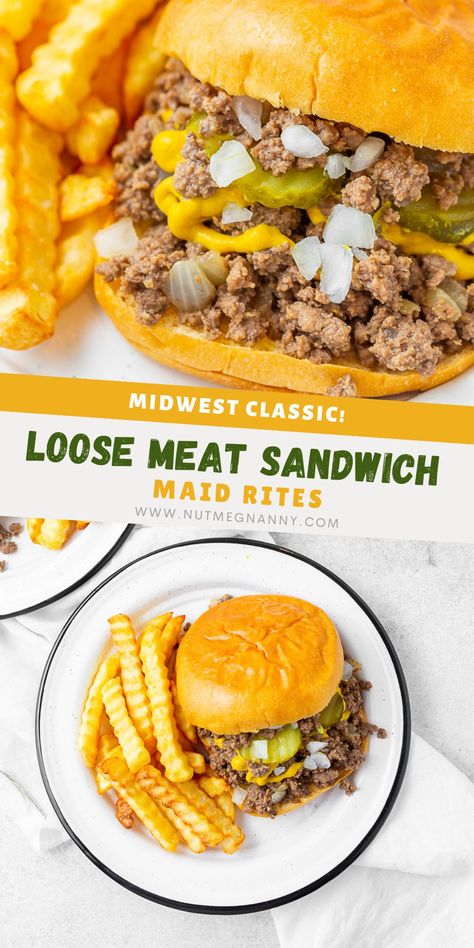 This copycat Maid Rite loose meat sandwich is the perfect dinner recipe! Deliciously seasoned beef with pickles and onions piled high on a bun. Loose Meat Sandwich Recipe, Loose Meat Sandwich, Maid Rite Sandwiches, Shredded Beef Sandwiches, Loose Meat, Loose Meat Sandwiches, On A Bun, Fancy Dinner Recipes, Meat Sandwich