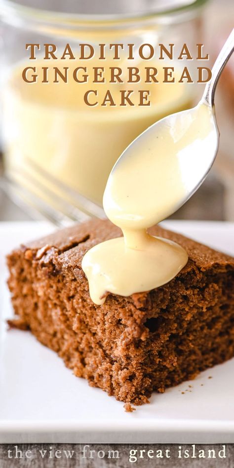 Classic old fashioned gingerbread cake, not too sweet or too spicy ~ this moist snack cake is perfect drizzled with warm vanilla custard sauce! Old Fashioned Gingerbread Cake, 2023 Desserts, Old Fashioned Gingerbread Recipe, Vanilla Custard Sauce, Old Fashioned Gingerbread, Baking Deserts, Gingerbread Recipes, Gingerbread Cake Recipe, Classic Old Fashioned