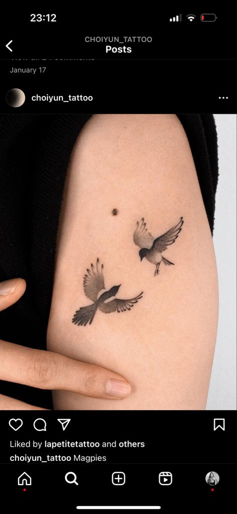 Robin Tattoo Minimalist, Two For Joy Magpie Tattoo, Tiny Magpie Tattoo, Fine Line Magpie Tattoo, Symmetrical Bird Tattoo, Korean Magpie Tattoo, 2 Magpies Tattoo, Nightingale Tattoo Minimalist, Simple Magpie Tattoo