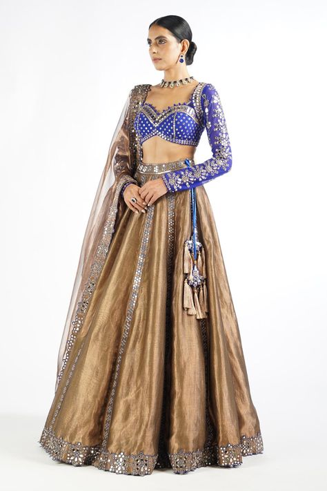 Buy Vvani by Vani Vats Brown Mirror Embroidered Lehenga Set Online | Aza Fashions Shimmer Lehenga, Sweetheart Neck Blouse, A Line Lehenga, Vani Vats, Mirror Border, Blouse Yoke, Lehenga Dupatta, Organza Lehenga, Organza Blouse