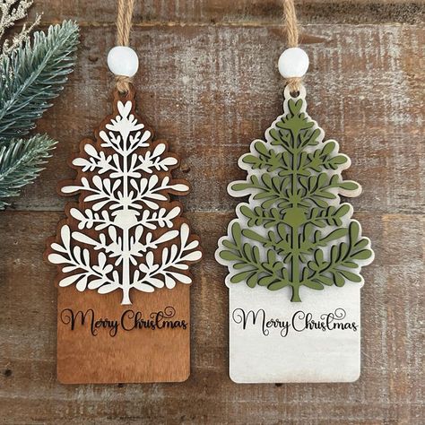 Explore how to make stunning layered Christmas tree ornaments with unique designs. A fun project that adds a personal touch to your holiday celebrations! Layered Christmas Tree, Laser Cut Wood Crafts, Laser Engraved Gifts, Ornament Svg, Wooden Christmas, Laser Cut Files, Laser Cut Wood, Wood Ornaments, Tree Designs