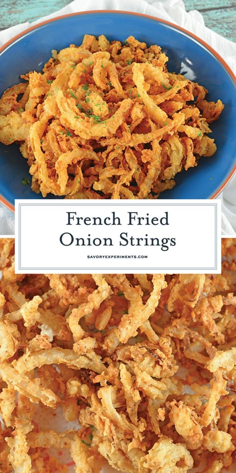 Onion Strings Recipe, Fried Onion Strings, Onion Rings Recipe Easy, French Fried Onion Recipes, Fried Onions Recipe, Onion Strings, Onion Rings Recipe, French Fried Onions, Crispy Onions