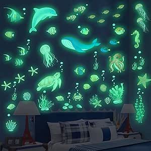 Sea Turtle Ocean Fish Wall Decals Glow in The Dark, Under The Sea Life Animals Stickers for Ceiling, Girls Boys Waterproof Decoration for Living Room Wall Bathroom Toilet Sea Kids Room, Ocean Baby Rooms, Ocean Kids Room, Under The Sea Bathroom, Sea Bathroom Decor, Underwater Room, Ocean Room Decor, Baby Wall Stickers, Sea Life Animals