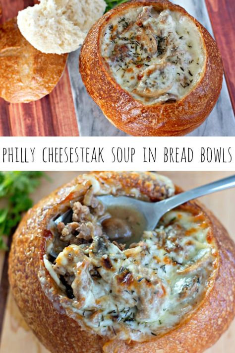 Philly Cheesesteak Soup, Soup In A Bread Bowl, Cheesesteak Soup, Bread Bowl Soup, Philly Sandwich, Bread Bowl Recipe, Philly Cheese Steak Casserole, Cabbage Roll Soup, Cream Cheesecake