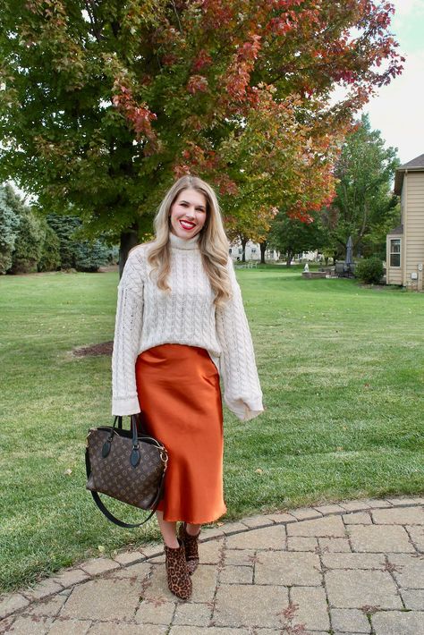 Rust slip skirt for fall Dark Orange Skirt Outfit, Rust Color Skirt Outfit, Orange Floral Skirt Outfit, Rust Silk Skirt Outfit, Rust Skirt Outfit Fall, Rust Orange Skirt Outfit, Orange Skirt Outfit Fall, Orange Skirt Outfit Ideas, Satin Skirt Outfit Fall