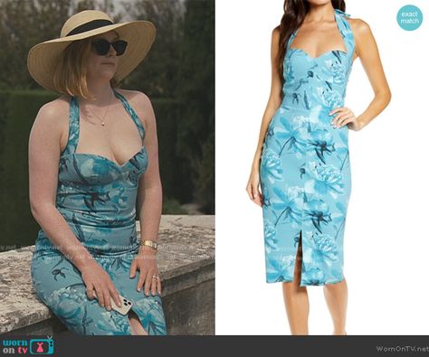 Shiv’s blue floral halter dress on Succession. Outfit Details: https://wornontv.net/339324/ Succession Outfit Shiv, Shiv Roy Blue Dress, Shiv Roy Dress, Shiv Style, Succession Shiv Outfits, Shiv Roy Outfit, Succession Style, Liz Lee, Shiv Roy