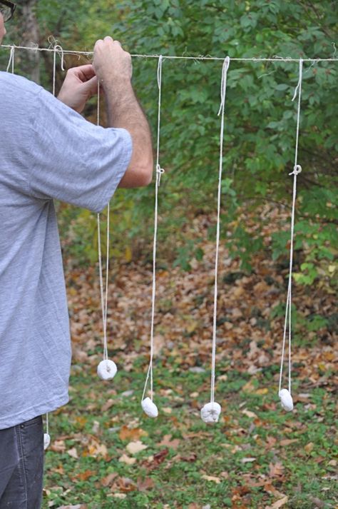 Powdered Donuts-on-a-string - game where you keep your hands behind the back while trying to eat the donut hanging up - hard for little ones,  but they loved it! Messy Party, Doughnut Party, Classroom Halloween, Fun Halloween Party Games, Room Parent, Fall Games, Donut Birthday Parties, Fall Festivals, Football Birthday Party