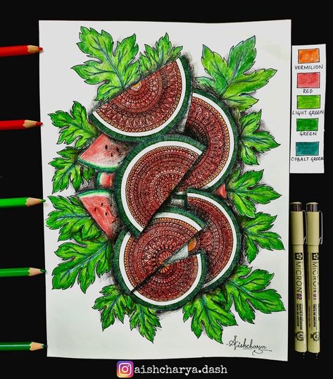 Mandala Drawings, Love Theme, Fruit Painting, Summer Theme, Mandala Drawing, Summer Day, Mandala Art, Hot Summer, Melon