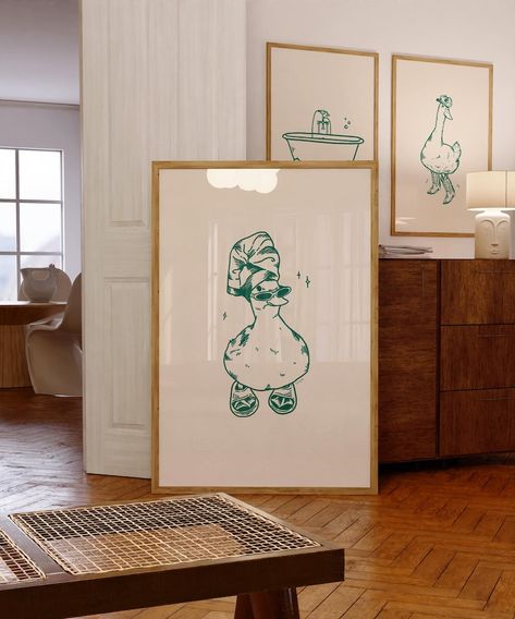 Set of 3 Bath Duck Green Prints Retro Bathroom Prints Vintage Art Bathroom Wall Art Duck Poster Trendy Wall Art Digital Download - Etsy UK Bathroom Artwork Ideas, Duck Poster, Cool Duck, Bath Duck, Green Poster, Poster Green, Bathroom Posters, Duck Print, Vintage Duck