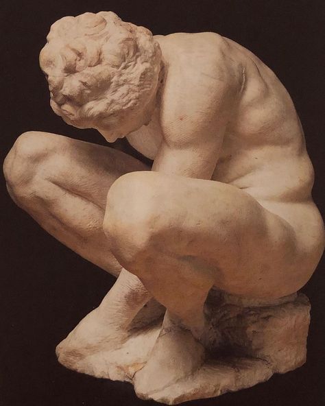 @art_love_enjoy_life on Instagram: “Please press fir a big view. Sculpture name: Crouching Boy (whole and detail) Artist: Michelangelo Created: 1530-1534 Medium: Marble…” Man Hunched Over Pose Reference, Man Crouched Down Reference, Man Crouching Pose, Guy Crouching Pose, Male Anatomy Sculpture, Crouching Pose Reference Perspective, Someone Crouching Reference, Man Hunched Over Pose, Bent Knee Reference