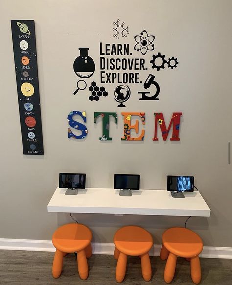 Science Lab Decoration Ideas, Technology Center Preschool, Physics Decoration, Science Room Decor Classroom Ideas, Home Daycare Rooms Setup, Daycare Decorating Ideas, Daycare Rooms Setup, In Home Daycare Ideas, Stem Classroom Decor