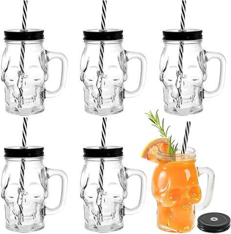 6 Pack Glass Mason Drinking Jars with Handle, 16 Oz Skull Beer Mugs Wide Mouth Tumbler Cup with Straws, Pub Bar Drinking Mugs for Beverage, Liquor, Cold Drinks Mason Jars With Handles, Halloween Party Drinks, Mason Jar Mugs, Beverage Glasses, Home Wet Bar, Drinking Jars, Halloween Mugs, Canning Lids, Reusable Straws