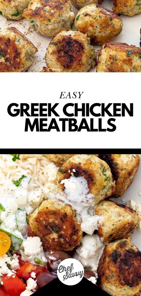 Easy Greek Chicken Meatballs Recipe with Tzatziki Sauce for Dinner! Greek Chicken Meatballs are a wholesome dish made of ground chicken, aromatic herbs and spices, garlic, and lemon zest to offer a light and savory version of meatballs. Served with tzatziki sauce, these chicken meatballs are a delightful combination of lean protein and vibrant flavors! Follow Chef Savvy for more Fall Dinner Recipes! Healthy Chicken Meatballs Clean Eating, Optavia Ground Chicken Recipes, Greek Chicken Dinner Recipes, Costco Chicken Meatball Recipes, Trader Joe’s Chicken Meatball Recipe, Greek Crockpot Recipes, Ground Chicken Meals, Ground Chicken Dinner, Recipe With Tzatziki