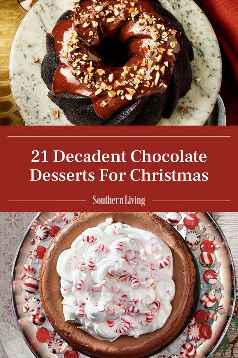 It's the most decadent time of the year! So it only makes sense to end your holiday meal with the most decadent dessert there is: anything with chocolate. This collection of impressive chocolate dessert recipes includes cakes large and single-serving, cheesecakes of many flavors, pies, and a few surprises too. (And many of them are even make-ahead.) The one thing they all have in common is that they are beautiful and delicious, which is exactly what you want in a holiday dessert. #desserts #christmas #holiday #chocolate #chocolatedesserts Dessert For Chocolate Lovers, Chocolate Christmas Recipes, Dessert For Family Dinner, Christmas Dinner Party Desserts, Christmas Desserts Make Ahead, Chocolate Dessert Christmas, Traditional New Year’s Day Dessert, Desserts For New Years Eve Party, Chocolate Desserts For Christmas