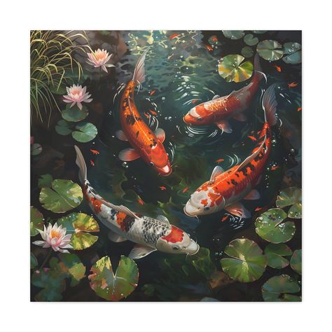 Beatiful 4 koi fish in the pond oil painting on canvas wall art print. Nice fresh water fish painting for home decor.. Square style is a wall art decoration made from polycotton canvas with a frame made from pinewood. Your home or office space will feel even more beautiful and complete if it is decorated with a canvas wall decoration depicting a cool 4 koi fish swimming in the pond oil painting. Each wall canvas is made of good quality materials. Available in various sizes to suit your needs and at affordable prices. You will feel satisfied after getting this item at home Koi Fish Pond Painting, Koi Pond Painting, Koi Fish Paintings, Pond Oil Painting, Koi Fish Swimming, Koi Fish Painting, Koi Painting, Painting For Home Decor, Pond Painting