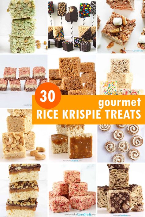 30 gourmet Rice Krispie Treats collage Rice Krispie Treats Variations, Caramel Apple Treats, Fun Rice Krispie Treats, Oreo Rice Krispie Treats, Krispie Treats Christmas, Rice Krispie Treats Recipe, Rice Krispie Bars, Homemade Rice Krispies Treats, Rice Crispy Treats Recipe