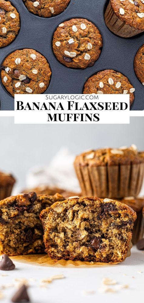 This banana flaxseed muffin recipe pairs ripe bananas with wholesome ingredients like whole wheat flour and flaxseed meal to create healthy flaxseed muffins that everyone will love. With golden brown crusty tops and a fluffy, soft interior, you'll forget how nutritious these delicious muffins are. Enjoy a muffin for a quick breakfast, afternoon snack, or healthy dessert. Healthy Pumpkin Oatmeal Muffins, Banana Quinoa Muffins, Flaxseed Recipes, High Fiber Muffins, Flaxseed Muffins, Banana Blueberry Oatmeal Muffins, Fiber Muffin, Peanut Butter Banana Oats, Flax Seed Muffins